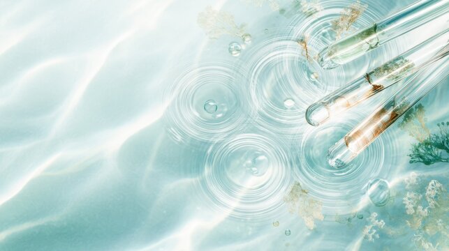 Transparent test tubes with botanical sea extracts over rippling water for natural cosmetic concept and spa background