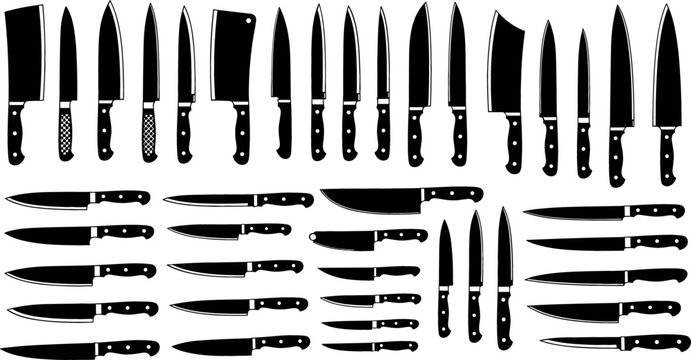 Large collection of professional kitchen knife silhouettes featuring chef knives cleavers and paring tools for culinary design restaurant menus and cooking equipment catalogs.