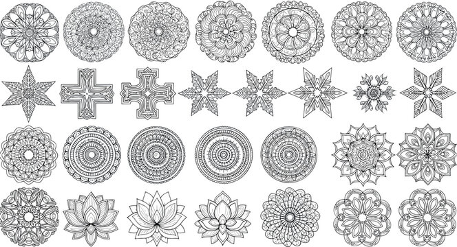 Large collection of black and white mandala ornaments and lotus flower vectors featuring intricate geometric patterns for adult coloring books and spiritual designs.