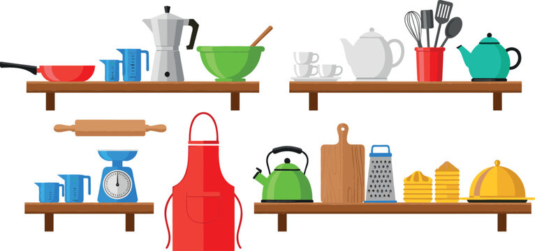 Large vector set of colorful kitchen utensils and cooking equipment on wooden shelves featuring kettle coffee maker apron and baking tools for interior home decor.