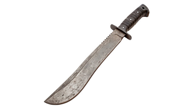 Large traditional machete knife with a wooden handle and sharp curved steel blade isolated on transparent background