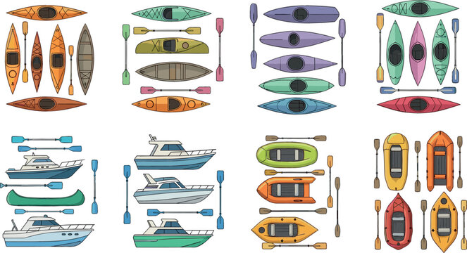 Large vector set of water transport icons featuring kayaks canoes motorboats and inflatable rafts with paddles for summer vacation and outdoor river adventure designs.