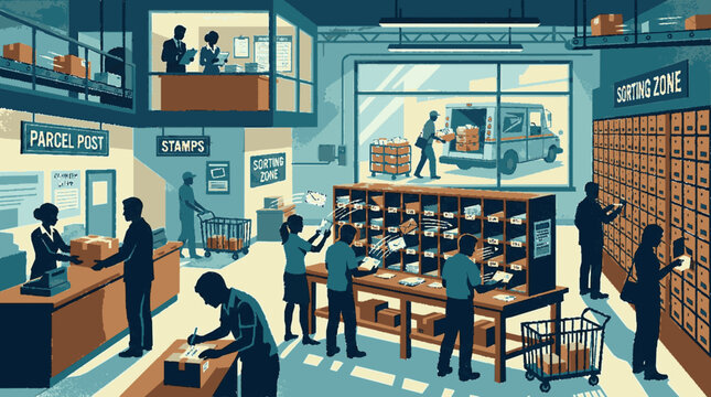 Busy postal workers sorting parcels and stamps in a retro style post office with vintage decor and mail trucks