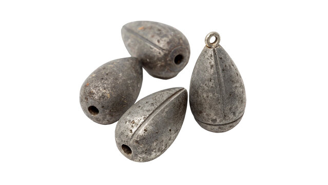 Three small metallic lead fishing weights or sinkers with a round teardrop shape isolated on transparent background