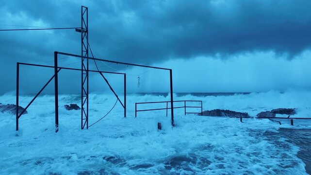 Tsunami Wave Swallowing Old Swimming Pool &ndash; Metal Structures Surrounded by Raging Foam During Extreme Storm, Lebanon