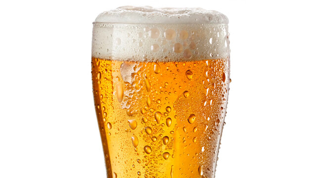 Half a glass of cold golden lager beer with bubbles and realistic foam and transparency isolated on transparent background