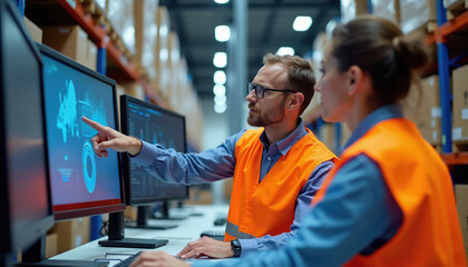 Man and woman in orange vests work at computers in warehouse. They analyze data on screens with charts and graphs, discussing logistics and inventory management for supply chain operations.