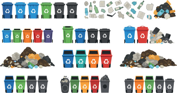Waste management and recycling bin vector set with colorful sorting containers and trash piles for ecology design