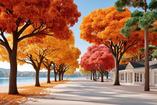Autumn park walkway by a lakeside lined with colorful orange and red trees near cottages