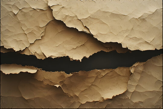 Layered brown cardboard with jagged tears and dark void