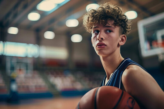 Teen basketball player holding ball indoors, shy beginner athlete, school sport, learning and youth confidence concept