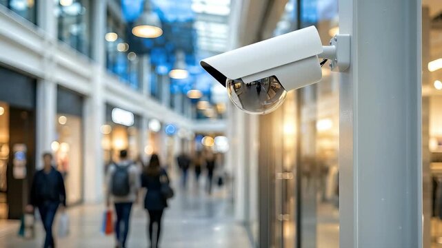 Security camera mounted on a wall in a shopping mall captures shoppers walking by, showcasing the modern design and vibrant atmosphere of the retail space