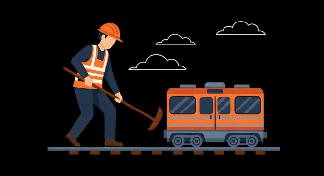 Railway worker with pickaxe beside orange train