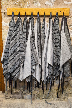 Head scarves for visitors at the Monastery of Saint Stephen on the rock formations of Meteora.