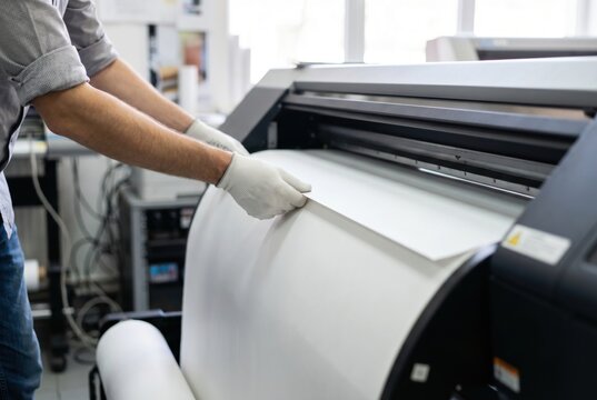 Print shop worker loading a wide roll of white paper into a large format plotter printer