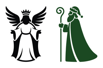 Naklejka premium Christmas angel and wizard silhouette in green and white with silhouette