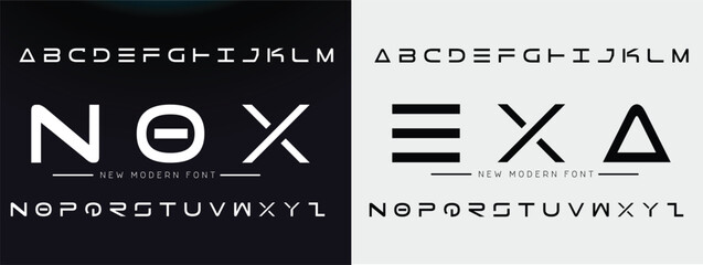 NOX EXA Modern futuristic tech display font alphabet with blue creative minimalist technology branding logo typography design © Kitti_Pie
