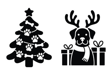 Naklejka premium Dog wearing reindeer antlers and scarf with gifts, and a christmas tree