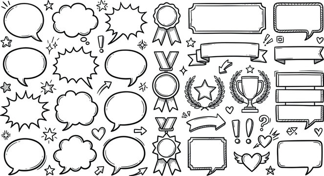 Hand Drawn Speech Bubble Award Badge and Ribbon Doodle Vector Elements Collection