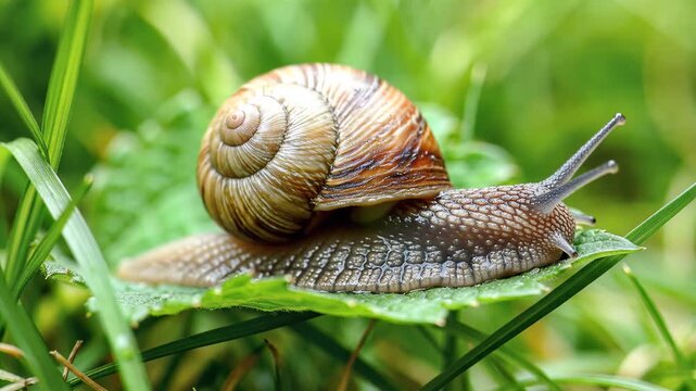 Closeup of a Garden Snail Crawling on a Green Leaf in Nature.