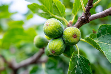 Fototapeta premium Ripe green figs growing on tree branch with lush green leaves