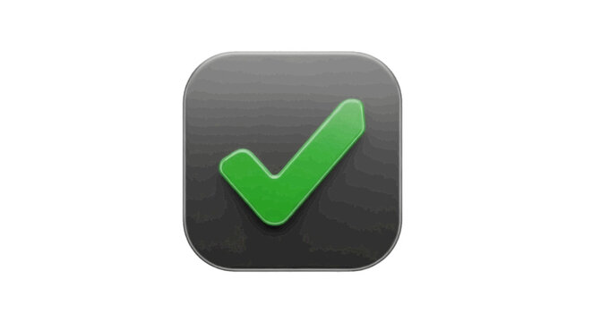 Minimal black silhouette icon, simple flat vector, bold black shape, no, no shading green check mark icon on a dark grey rounded square button on a, flat icon style