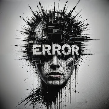 Surreal Abstract Portrait of a Human Face with "ERROR" Text and Digital Glitch Explosion