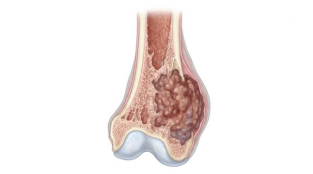 Detailed view of a canine bone tumor illustrating the growth and development of osteosarcoma in a veterinary pathology context