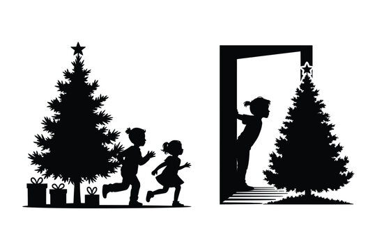 Children running and peeking around christmas trees with presents and doorway