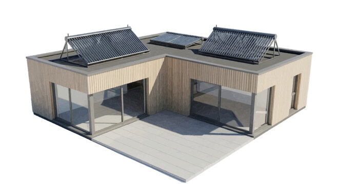 Minimal black silhouette icon, simple flat vector, bold black shape, no, no shading modern lshaped wooden house with solar thermal collectors on the roof on a, flat icon style