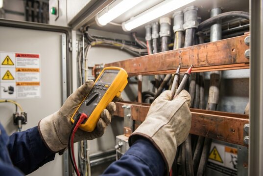 Electrician in gloves testing a copper busbar in an electrical cabinet with a multimeter