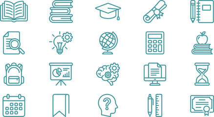 Education icons set featuring school supplies and learning symbols for academic design and web projects © Septarim