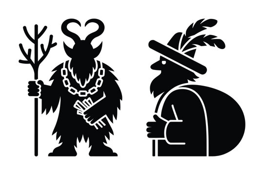 Krampus figure with horns and chains next to zwarte piet with feathered hat