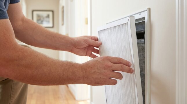 Homeowner replacing a dirty air conditioning filter in a residential wall vent