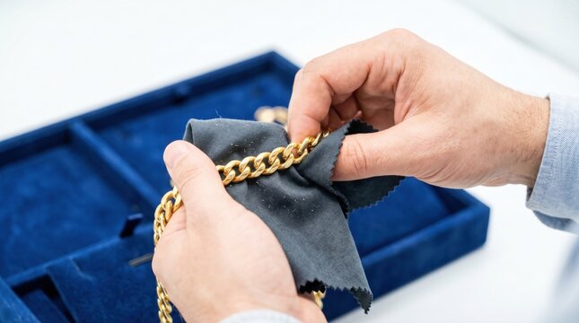 Jeweler carefully polishing a thick gold chain necklace with a black microfiber cloth