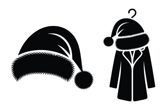 Warm winter clothing set with fur hat and coat on hanger silhouettes vector