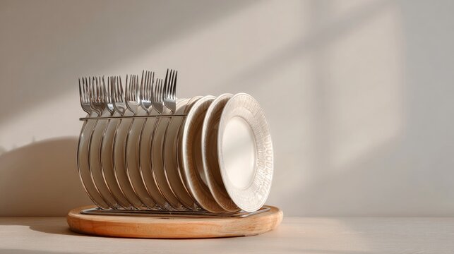Rack holds clean plates and forks on table by light wall.