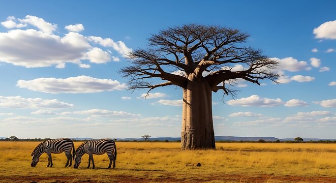 Two zebras graze under a large baobab tree in a dry african savanna with wildlife, grassland