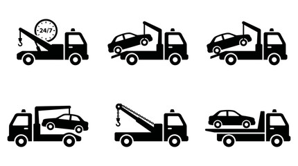 Naklejka premium Set of black tow truck icons displaying various emergency vehicle assistance services for broken down automobiles on the public road
