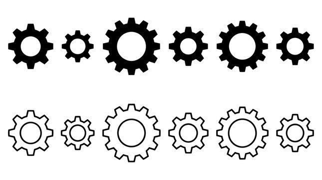 Multiple black  gear icons arranged in a row representing mechanical engineering concepts and industrial design process development tools