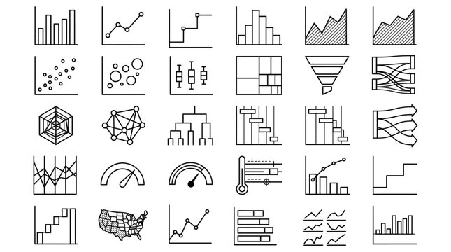 Hand drawn collection of various business data charts and financial graphs represented as simple black outline icons 