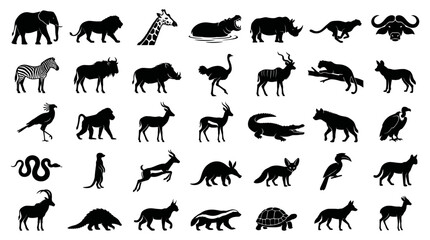 Set of black silhouettes representing various african wild animals isolated  for design and creative artistic projects © Vectscape