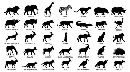 Obraz premium Many different wild african animal silhouettes are organized in a grid pattern to represent diverse fauna for educational design projects