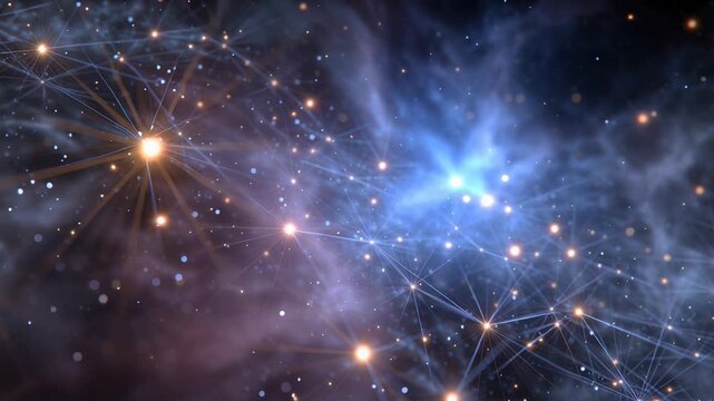 Purple nebula with golden starfield and connecting light nodes, filament lines form web across deep space, warm amber highlights and scattered dust, countless