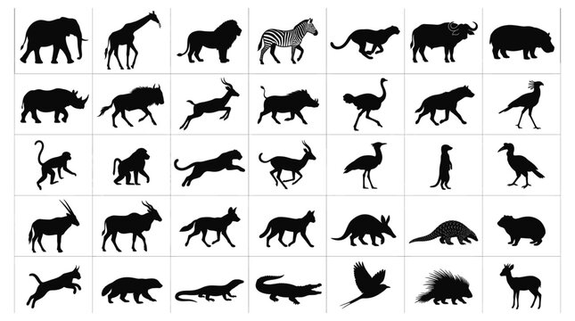 Set of black animal silhouettes featuring various wild creatures from the african savanna arranged in a clean grid pattern display