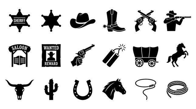 Collection of wild west icons featuring sheriff badges cowboy hats revolvers horses and various western lifestyle symbols for creative designs