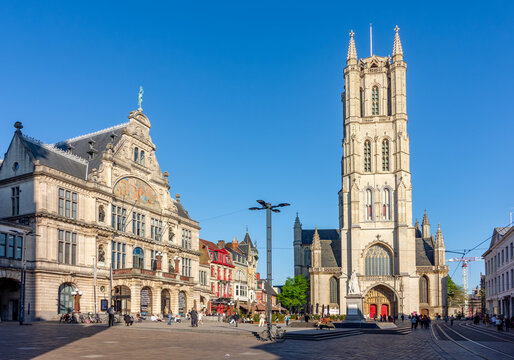 Royal Dutch theater (NTheatre) and St. Bavo cathedral on Sint-Baafsplein square, Ghent, Belgium