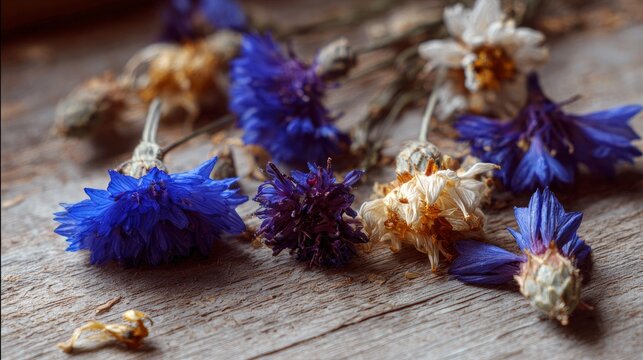 Dried flowers and cornflowers sit on a wood table, viewed closely.