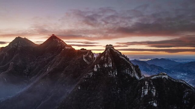 Timelapse of sunset over Jiankou Great Wall, capturing golden evening light, mountain peaks, and ancient watchtowers.