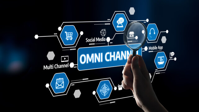 A businessman examines an omni channel graphic using a magnifying glass, showcasing the importance of diverse marketing strategies in today digital landscape. Tessel